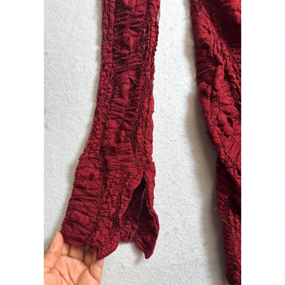 Free People Lace Mini Dress Dark Red Button Front Long Sleeve Small